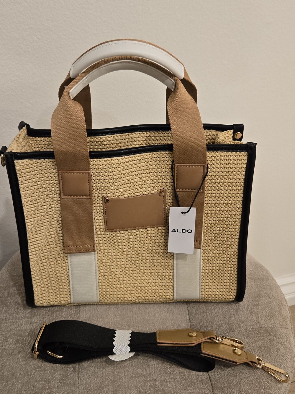 Brand New Aldo Light Brown Woven Tote Bag With Adjustable Shoulder Strap